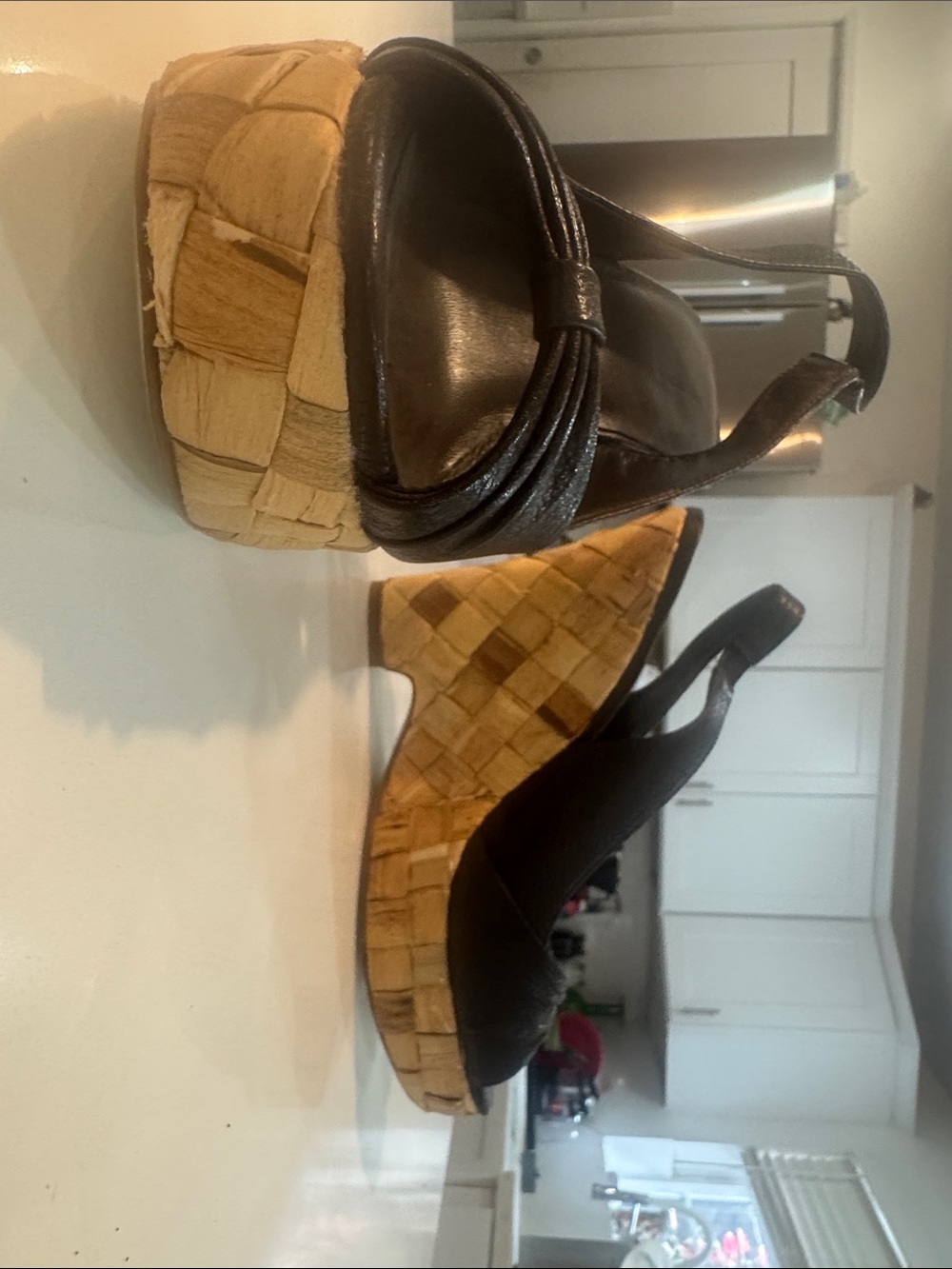 Brown Leather Slingback Wedge Sandals with Woven Natural Platform